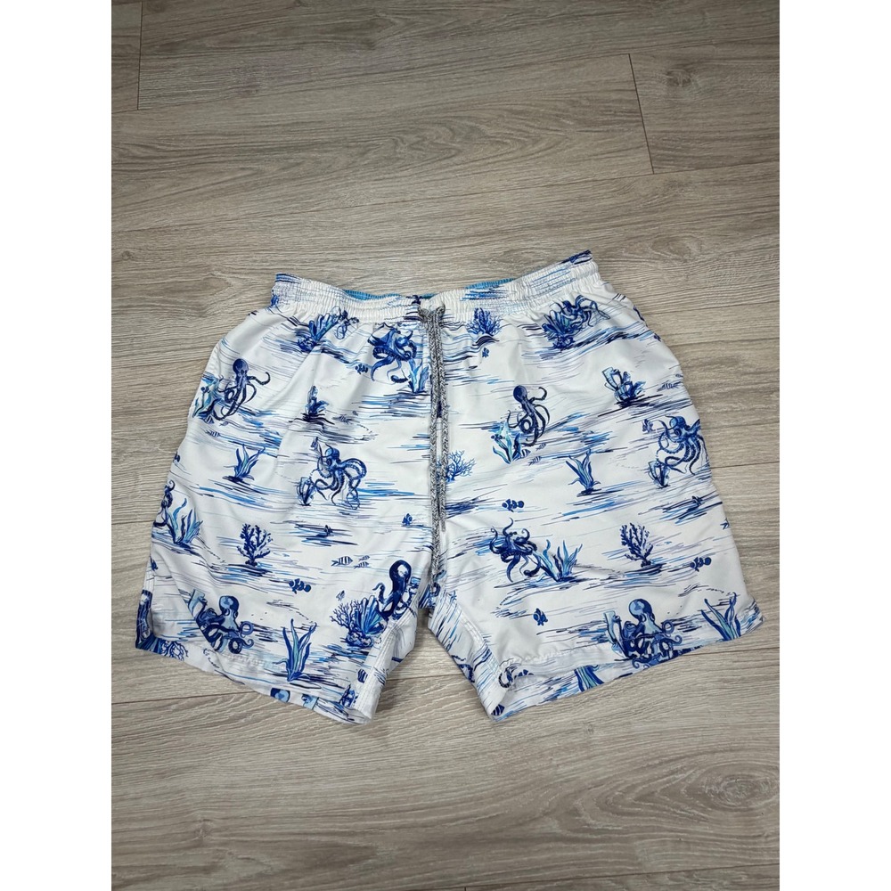 Michaels Mens XL Swim Trunks‎ Blue White Octopus Print Mesh Lined Beach Shorts